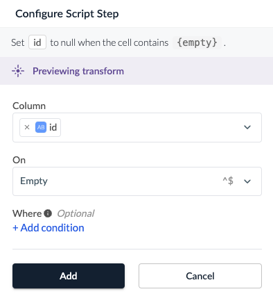Screenshot of configuring the Edit text transform