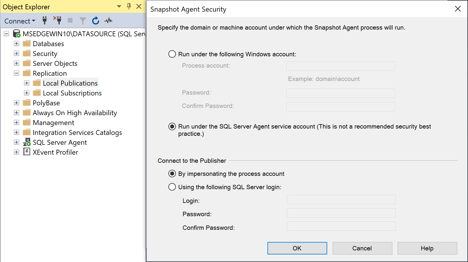 A screenshot of the Snapshot Agent Security configuration window in SSMS