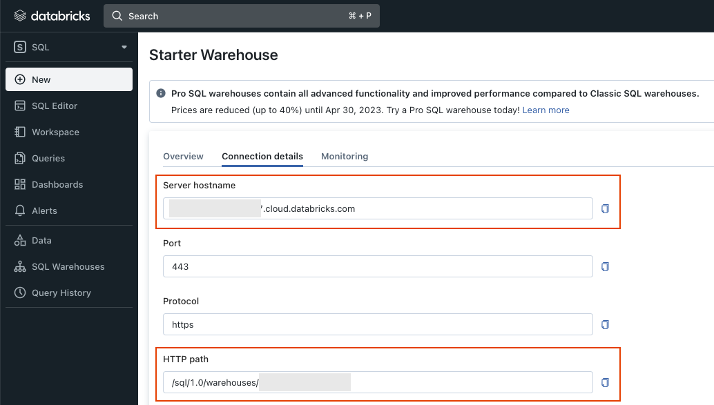 SQL Warehouse connection details