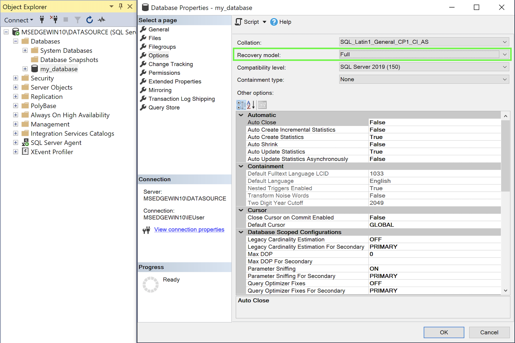 A screenshot of the SSMS Database Properties showing the Recovery Model set to Full