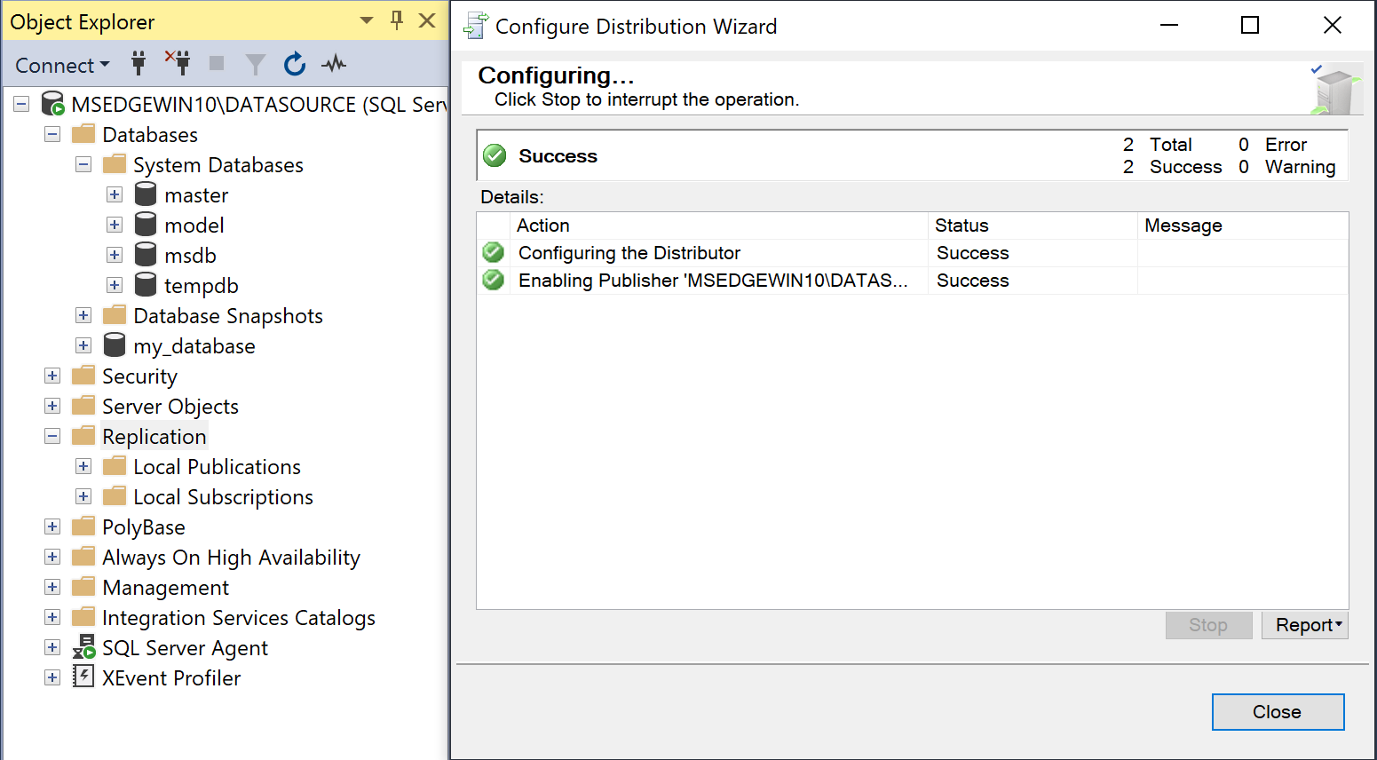 A screenshot of SSMS showing a successful completion of the Configure Distribution Wizard