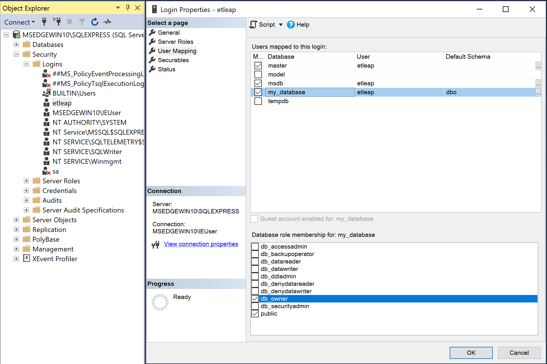 A screenshot of SSMS showing the 'master', 'msdb', and 'etleap_test' databases selected, as well as the 'db_owner' and 'public' roles