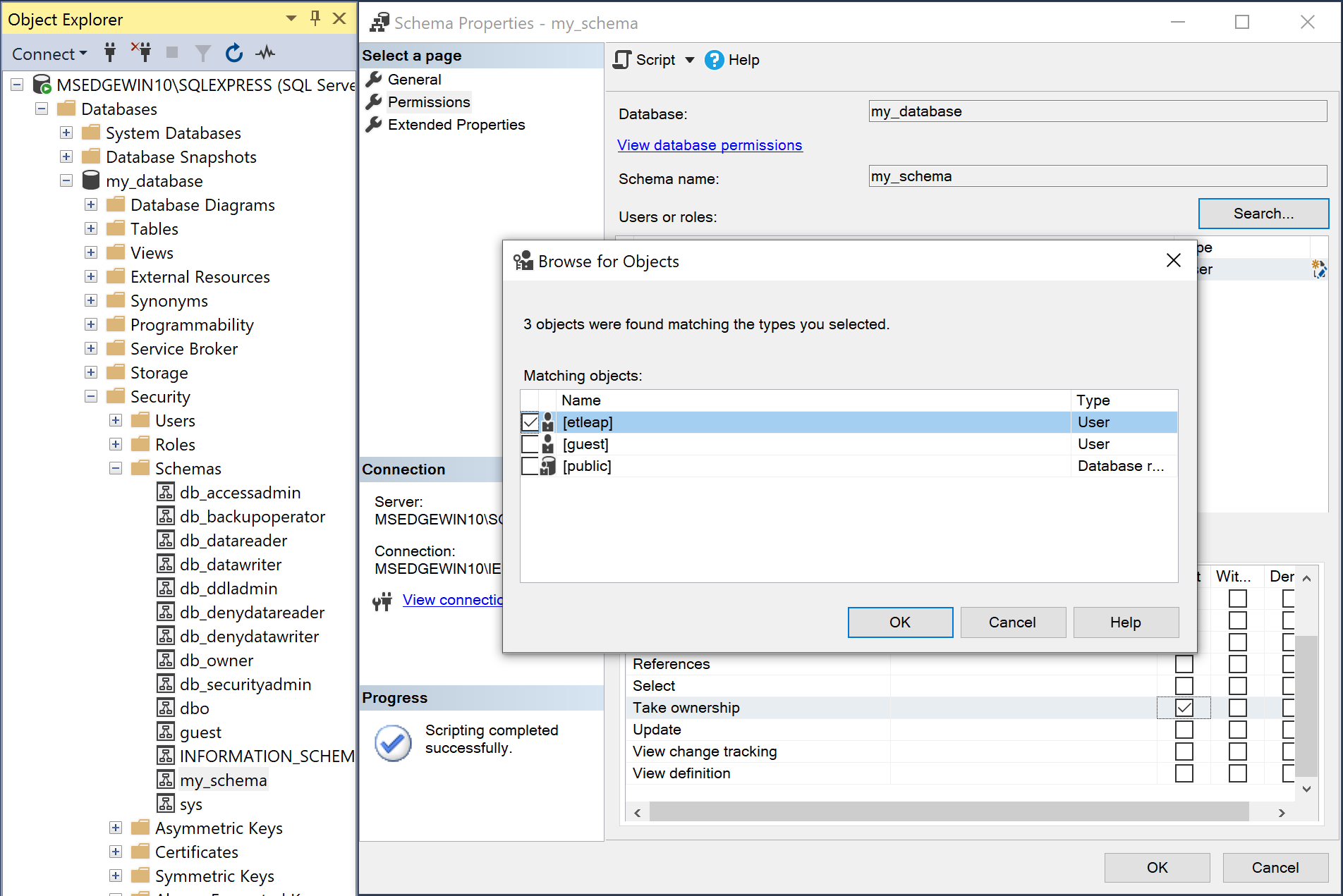 A screenshot of SSMS showing the new user being selected when assigning SELECT permissions