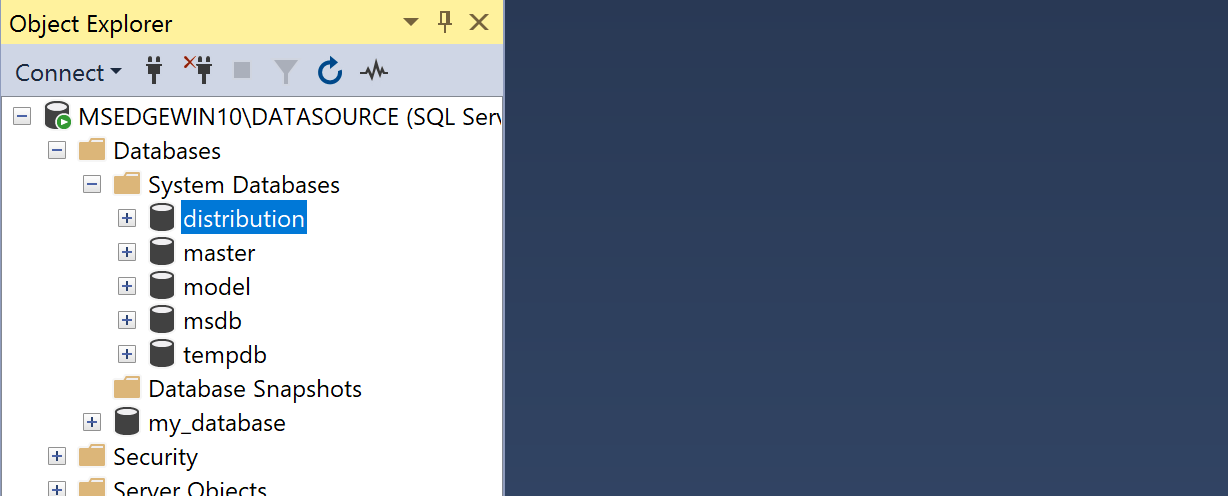 A screenshot of SSMS showing the newly created distribution database