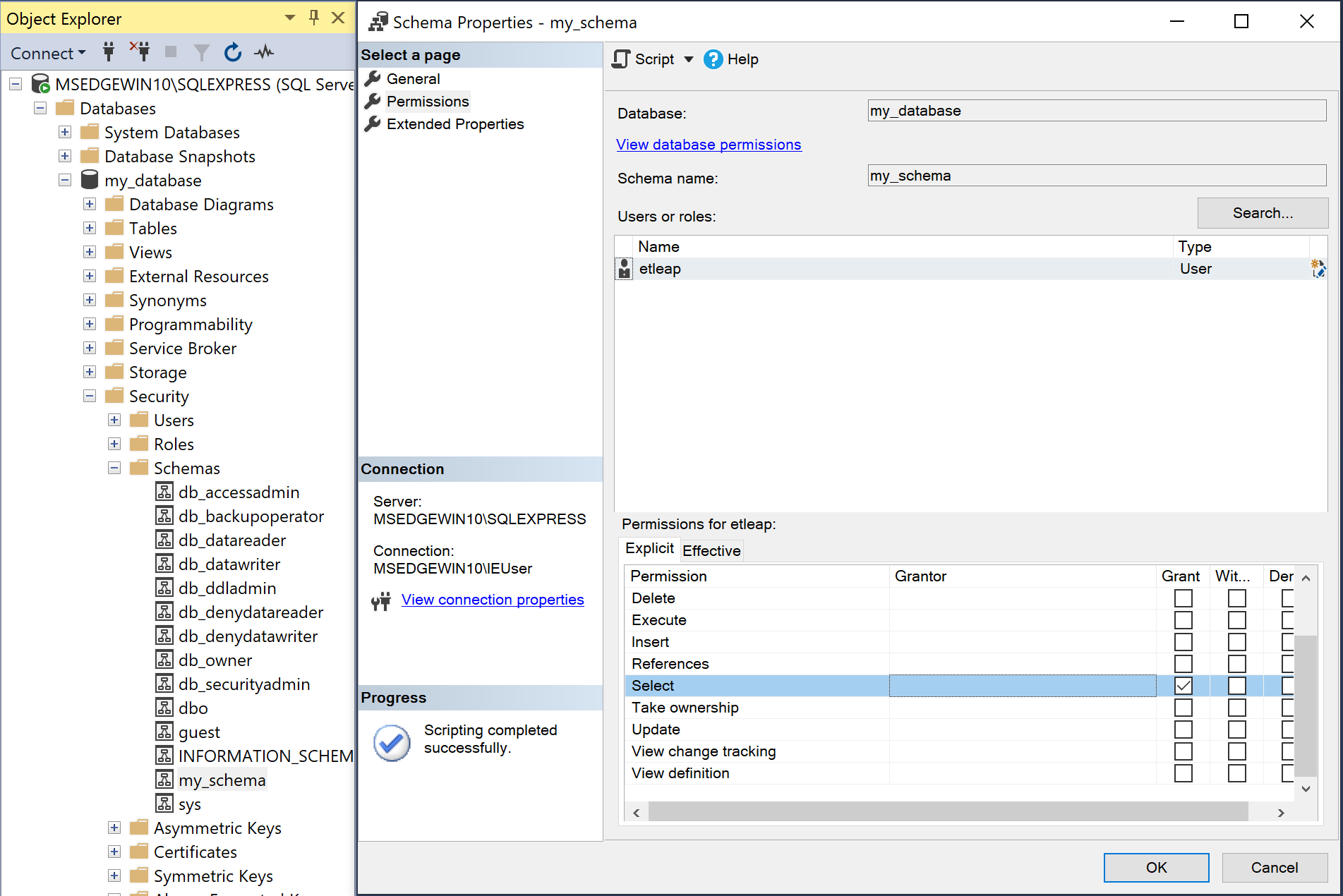 A screenshot of SSSM showing the SELECT permissions for a specific schema being applied to the new user