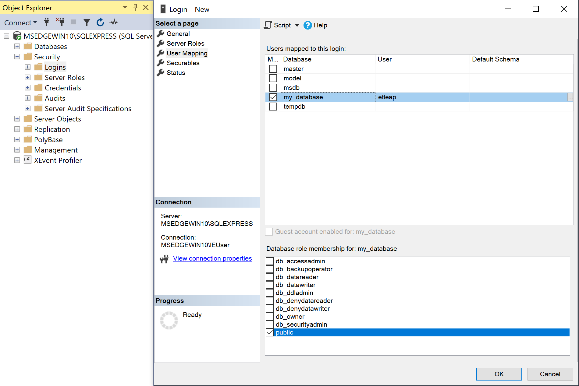 A screenshot of the User Mapping page for the new user in SSMS