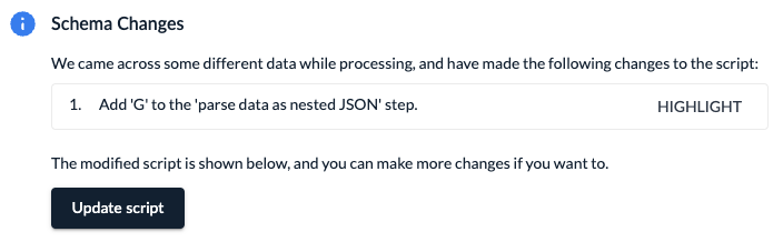 A screenshot of the Wrangler displaying information on a pending schema change that requires user approval