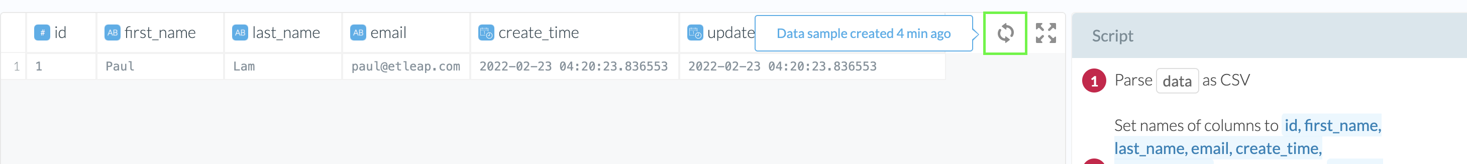 A screenshot of the Wrangler, showing the "refresh sample" button highlighted