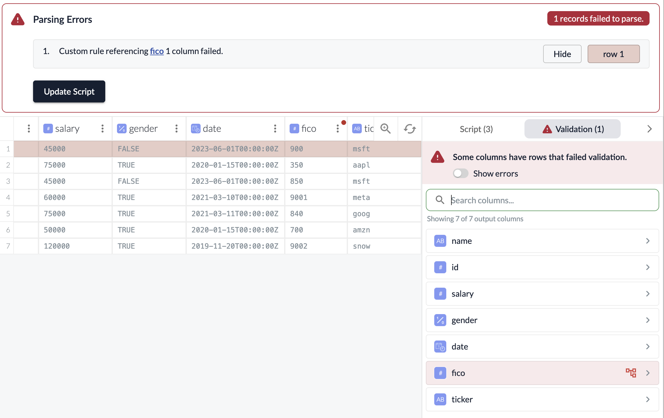 The Wrangler with Validation Errors Highlighted